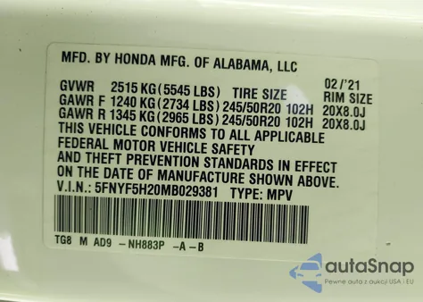 2021 Honda Pilot 2Wd Special Edition z USA, uszkodzony, nr VIN 5FNYF5H20MB029381